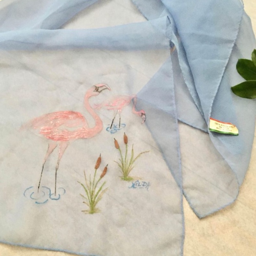 LP Vintage 70s Blue Chiffon Scarf Hand Painted with Flamingos | Made in Japan